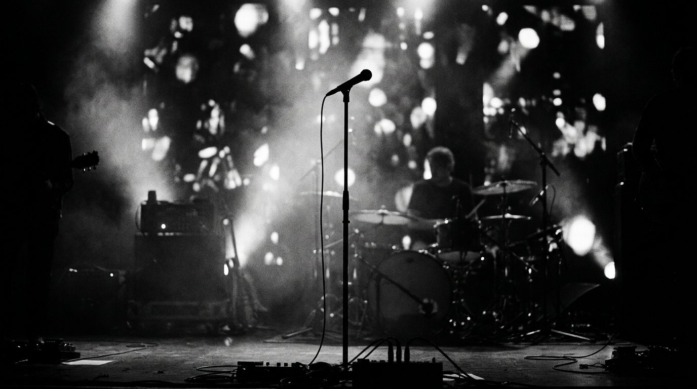 Akustische Liveband 2842 – Bühnenlicht und Mikrofon, schwarzweiß